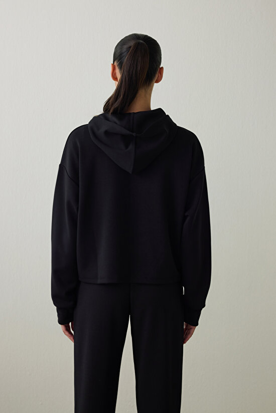 Black Silky Feel Hooded Slogan Printed Sweatshirt - 4