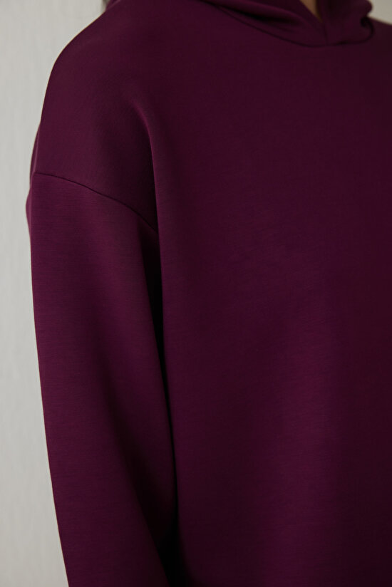 Burgundy Silky Feel Hooded Slogan Printed Sweatshirt - 3