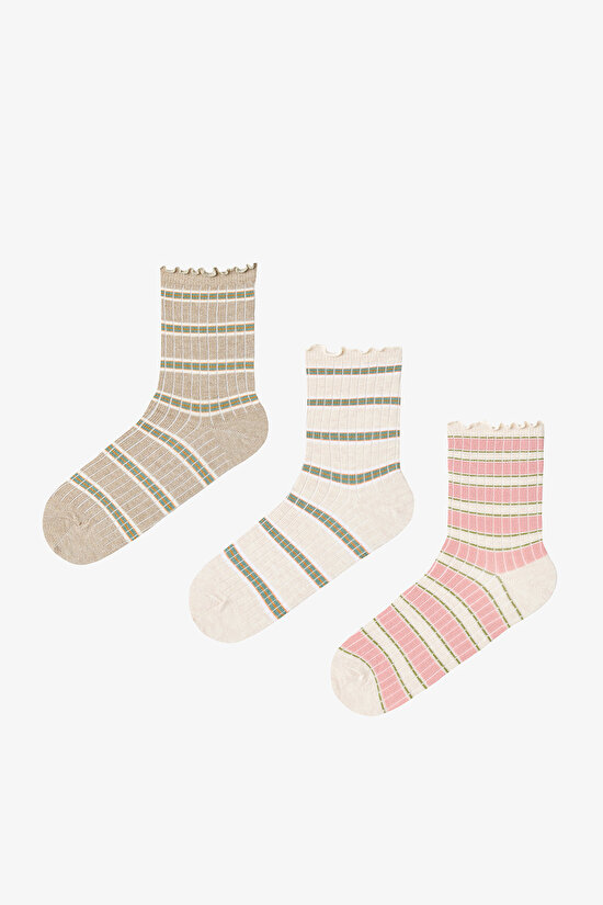 Kahve Sahlep Ruffled Stripe 3lü Soket Çorap - 1
