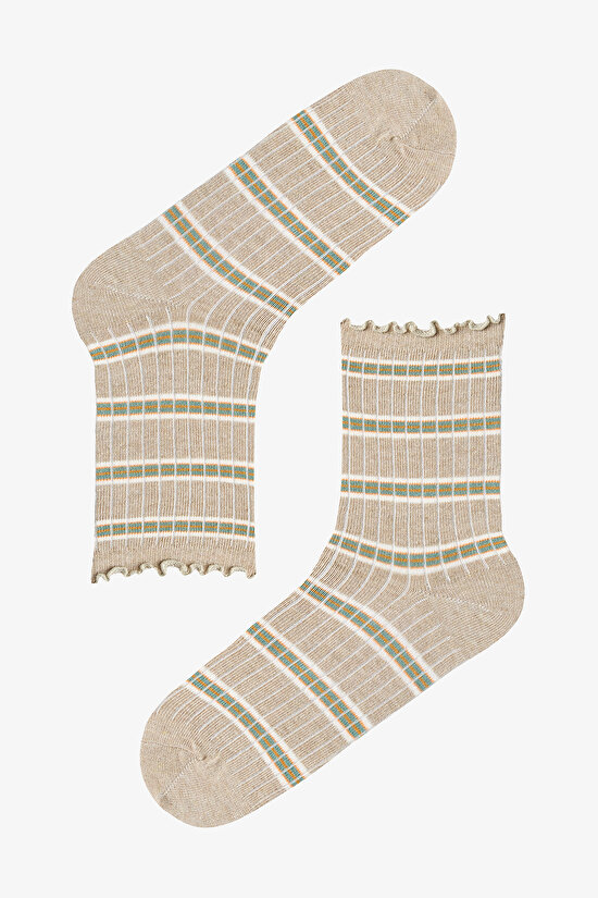 Kahve Sahlep Ruffled Stripe 3lü Soket Çorap - 2