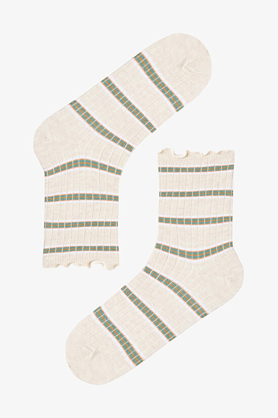 Kahve Sahlep Ruffled Stripe 3lü Soket Çorap - 3