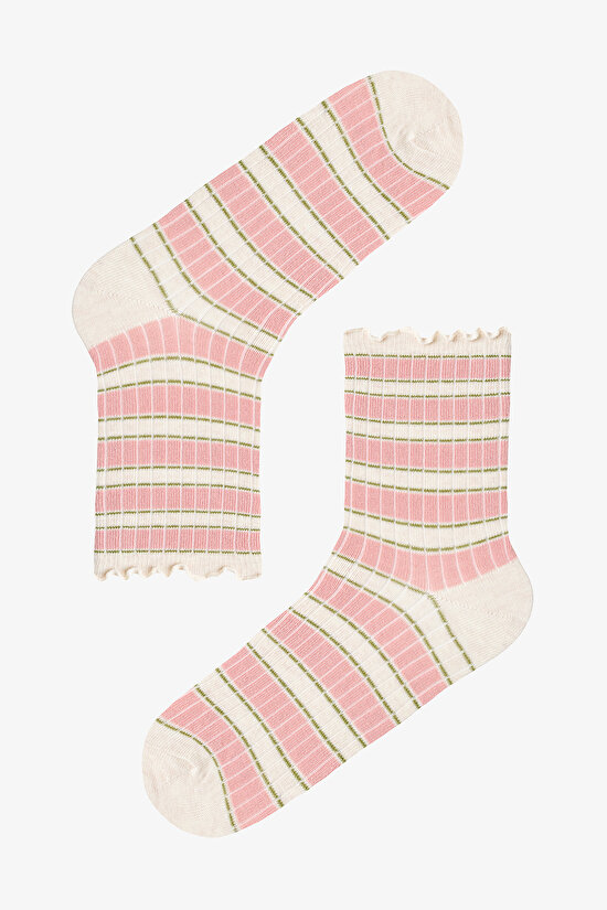 Kahve Sahlep Ruffled Stripe 3lü Soket Çorap - 4