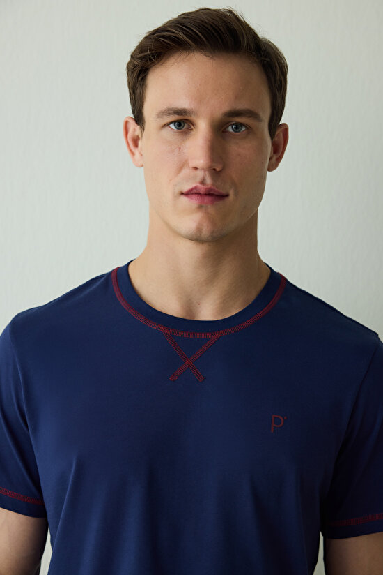 İndigo Erkek Navy Star Bisiklet Yaka Pamuklu Şortlu Pijama Takımı - 3