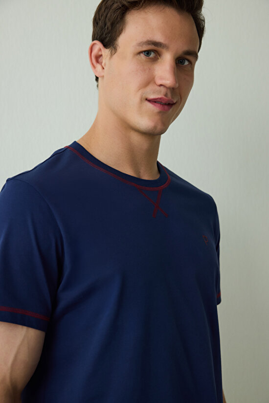 İndigo Erkek Navy Star Bisiklet Yaka Pamuklu Şortlu Pijama Takımı - 4