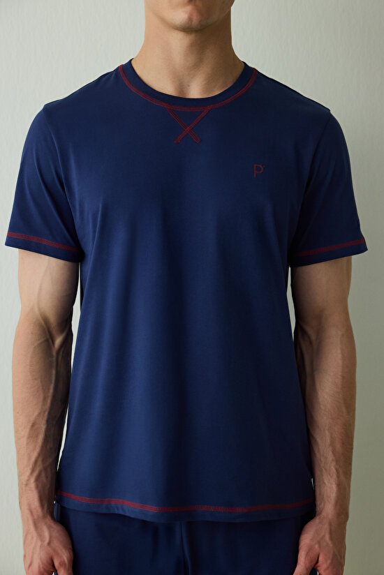 İndigo Erkek Navy Star Bisiklet Yaka Pamuklu Şortlu Pijama Takımı - 5