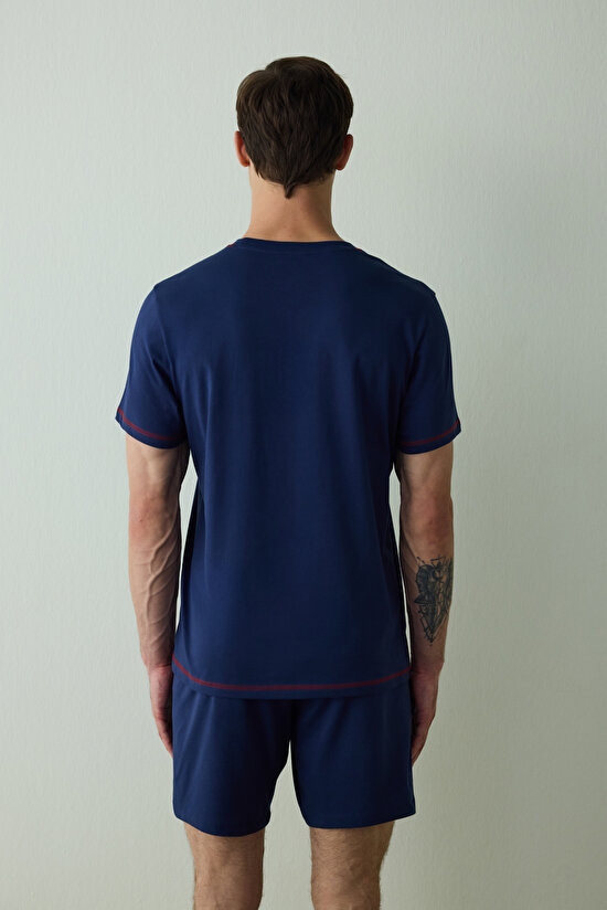 İndigo Erkek Navy Star Bisiklet Yaka Pamuklu Şortlu Pijama Takımı - 6