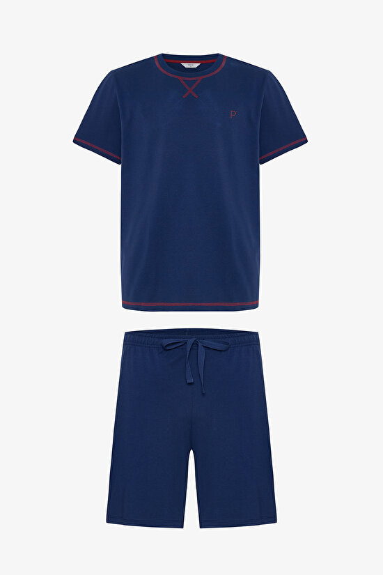 İndigo Erkek Navy Star Bisiklet Yaka Pamuklu Şortlu Pijama Takımı - 7