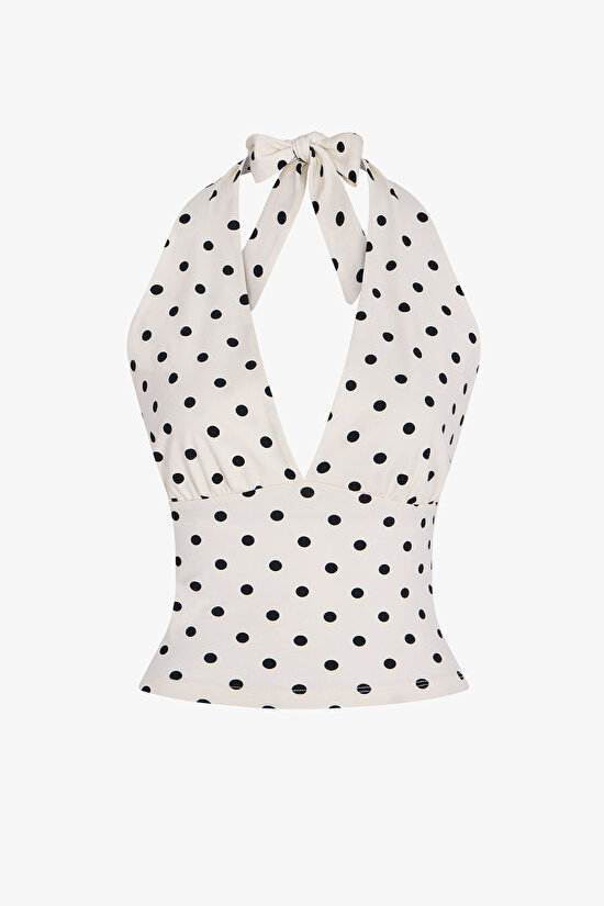 Puantiyeli Halter Yaka Pamuklu Üst - 5