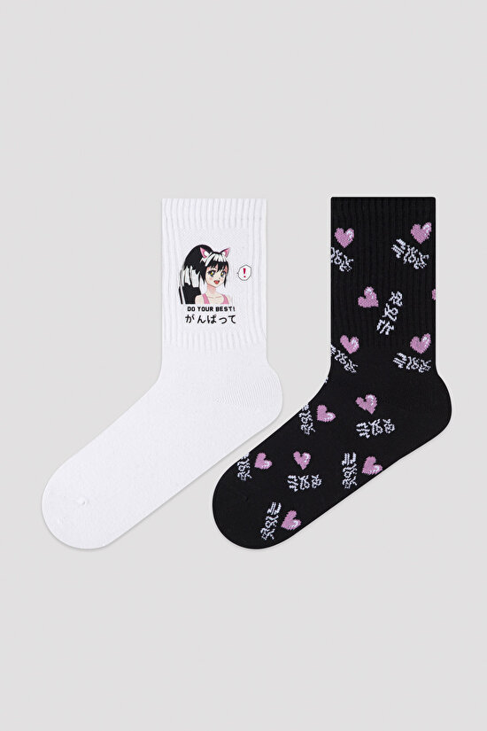 Anime Kalp Desenli 2li Soket Çorabı-Anime Koleksiyonu - 1