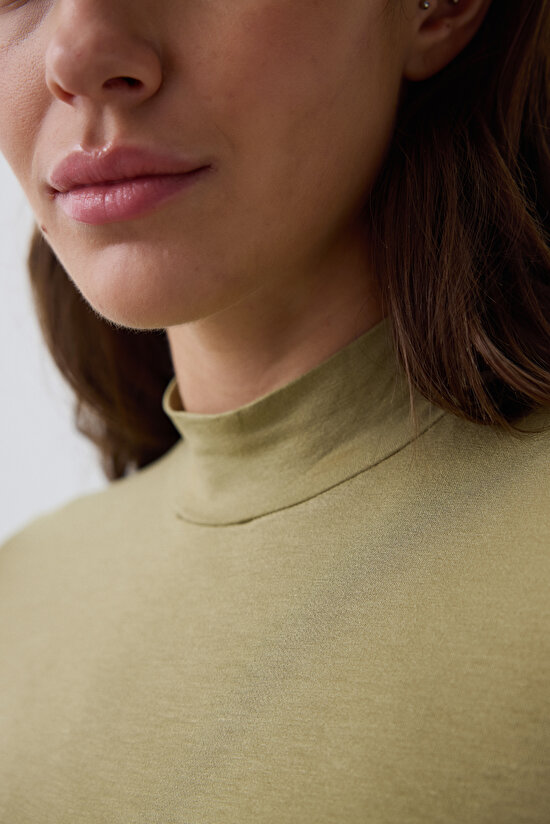Khaki Half Turtleneck 3/4 Sleeve Slim Fit Top - 3