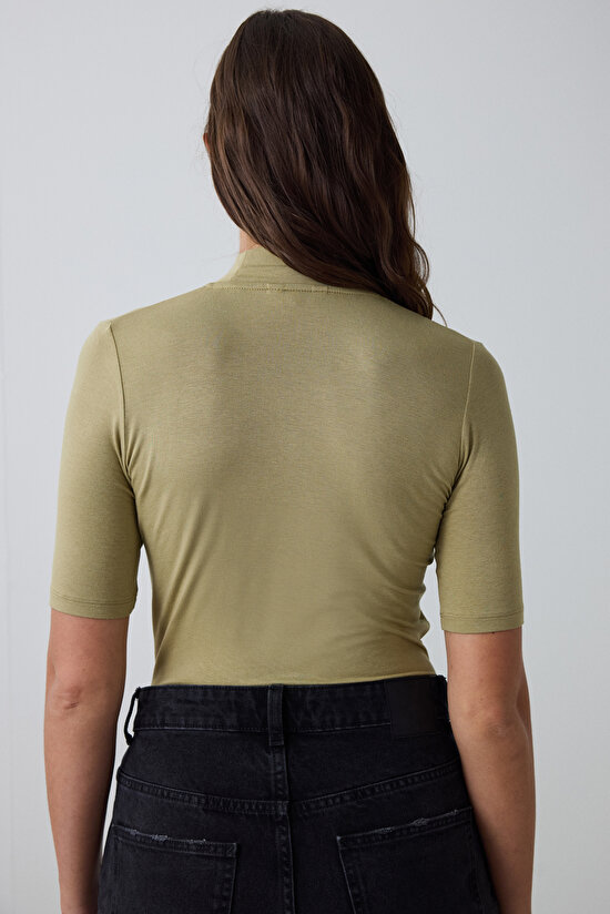Khaki Half Turtleneck 3/4 Sleeve Slim Fit Top - 4