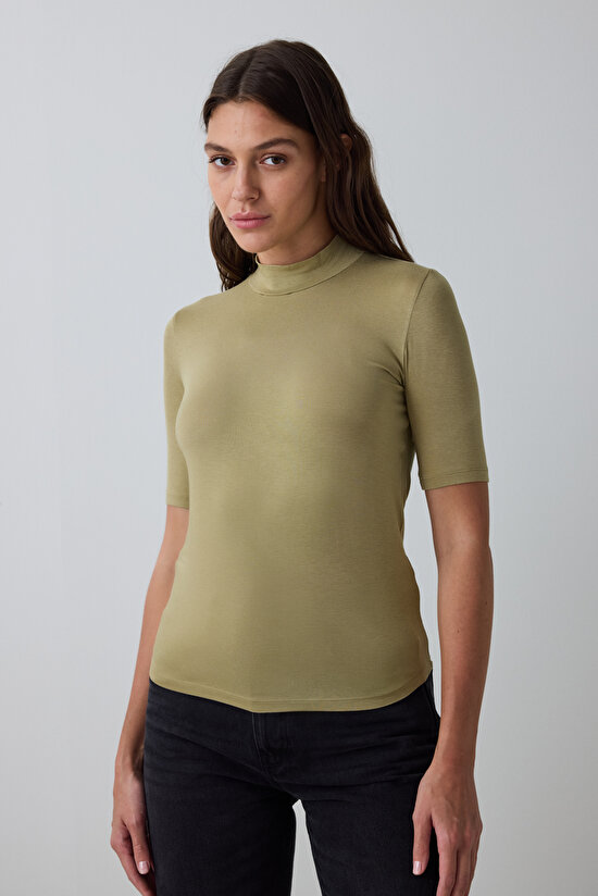 Khaki Half Turtleneck 3/4 Sleeve Slim Fit Top - 5