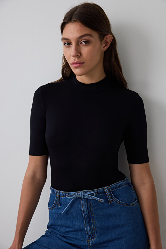 Black Half Turtleneck 3/4 Sleeve Slim Fit Top - 4