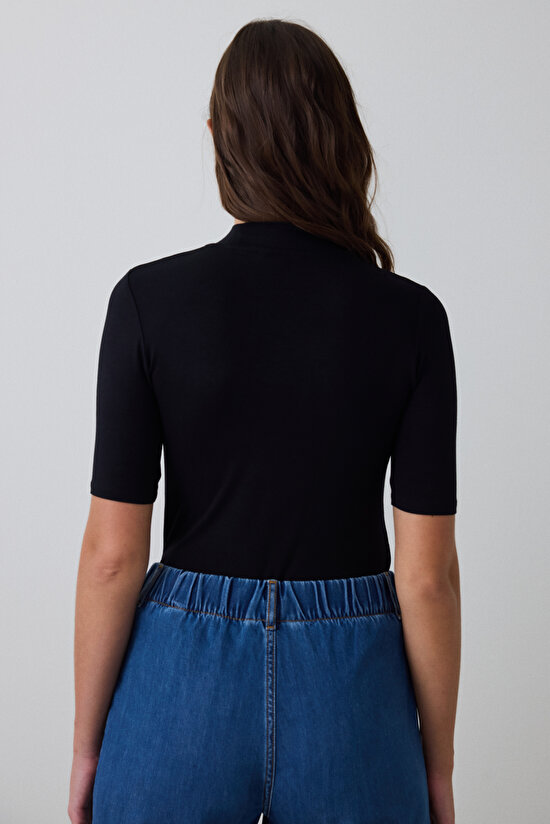 Black Half Turtleneck 3/4 Sleeve Slim Fit Top - 5