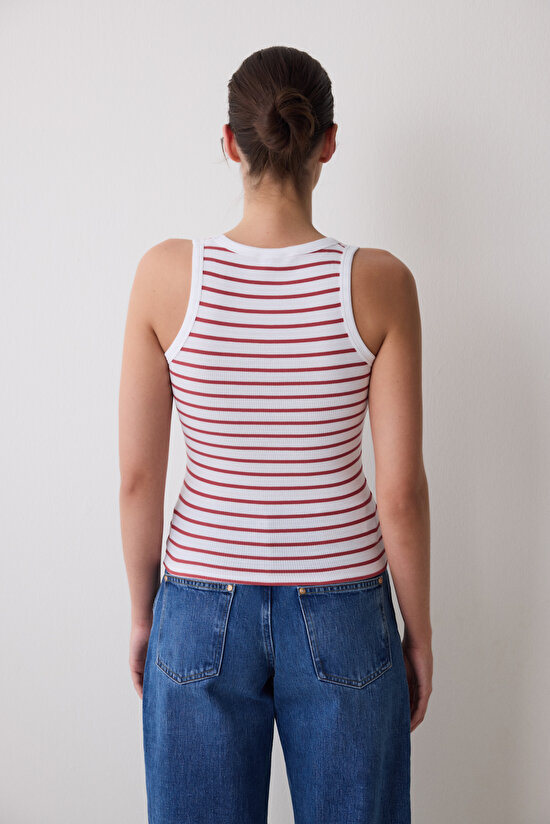 Koyu Turuncu Çizgili Slim Fit Fitilli Atlet Koyu Turuncu Çizgili Slim Fit Fitilli Atlet - 5