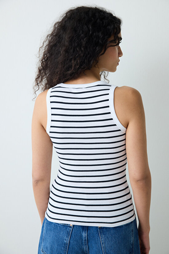 Beyaz Çizgili Slim Fit Fitilli Atlet - 4