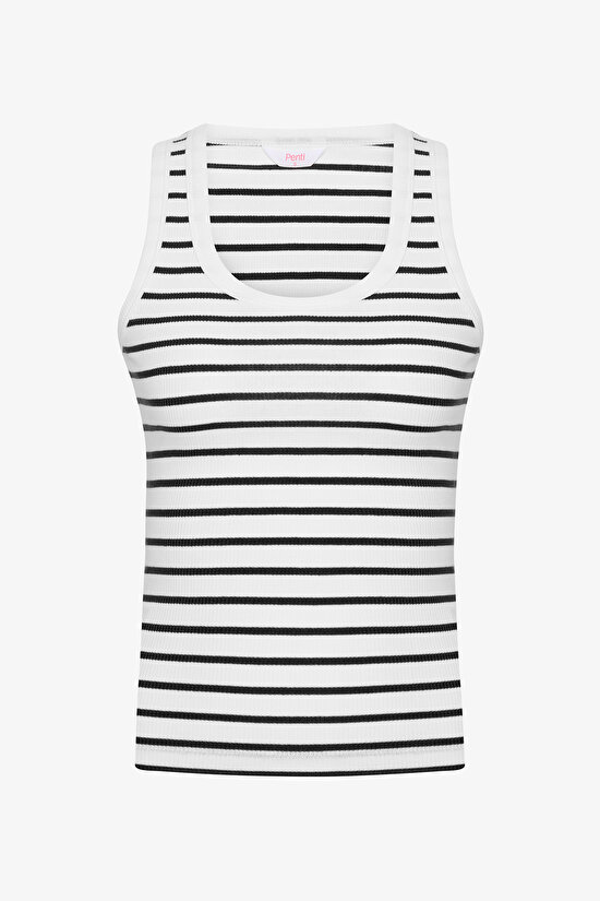 Beyaz Çizgili Slim Fit Fitilli Atlet - 5