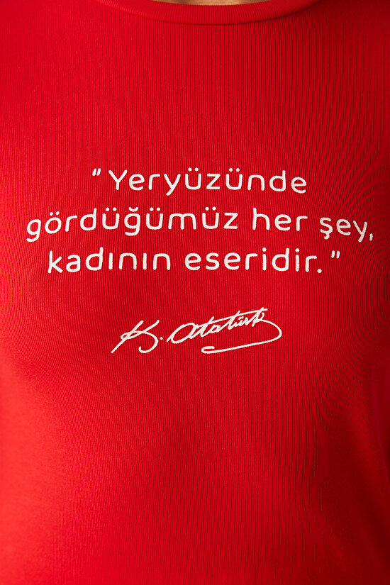 Kırmızı Slogan Baskılı Uzun Kol Üst - 5