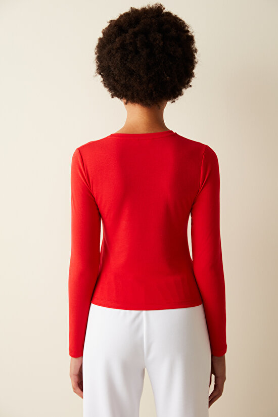 Kırmızı Slogan Baskılı Uzun Kol Üst - 6