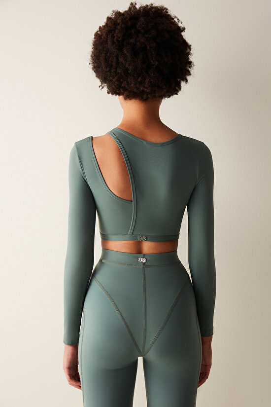 Haki Uzun Kollu Cut Out Detay Santorini Crop Üst - 5