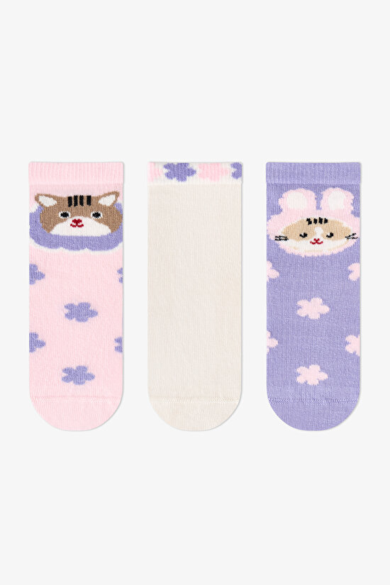 Kız Çocuk Pembe Feel Better Kedi Desenli Pamuklu 3 Çift Soket Çorap - 1