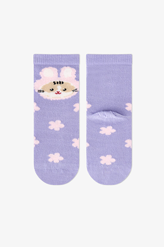 Kız Çocuk Pembe Feel Better Kedi Desenli Pamuklu 3 Çift Soket Çorap - 2