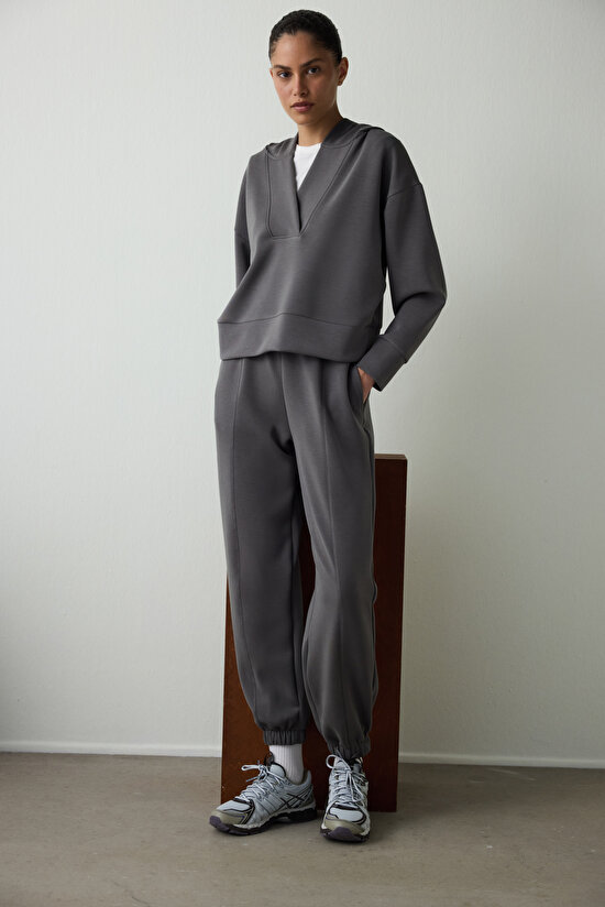 Antrasit Kapüşonlu Modal Crop Sweatshirt - 3