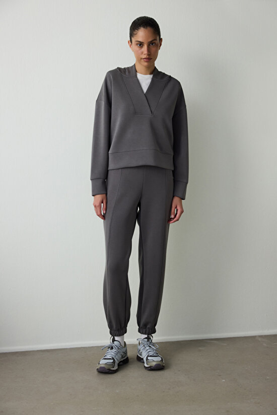 Antrasit Kapüşonlu Modal Crop Sweatshirt - 4