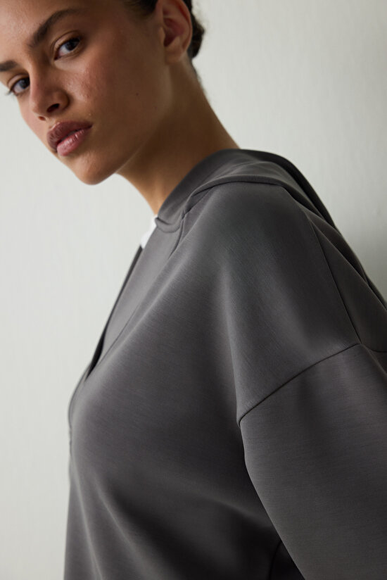 Antrasit Kapüşonlu Modal Crop Sweatshirt - 5