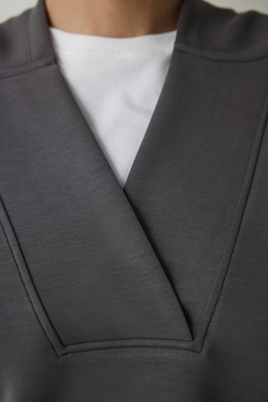 Antrasit Kapüşonlu Modal Crop Sweatshirt - 6