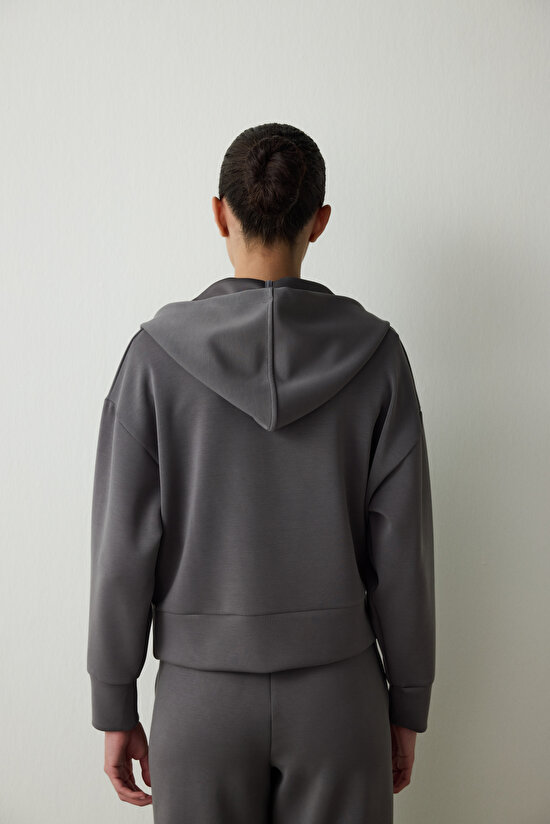 Antrasit Kapüşonlu Modal Crop Sweatshirt - 7