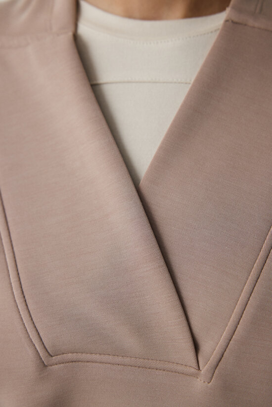 Bej Kapüşonlu Modal Crop Sweatshirt - 3