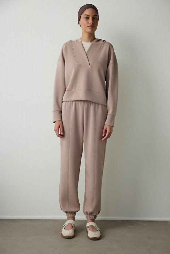 Bej Kapüşonlu Modal Crop Sweatshirt - 4