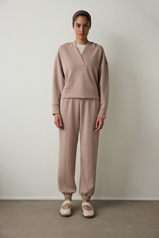 Bej Kapüşonlu Modal Crop Sweatshirt - 5