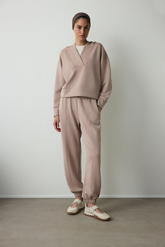 Bej Kapüşonlu Modal Crop Sweatshirt - 6