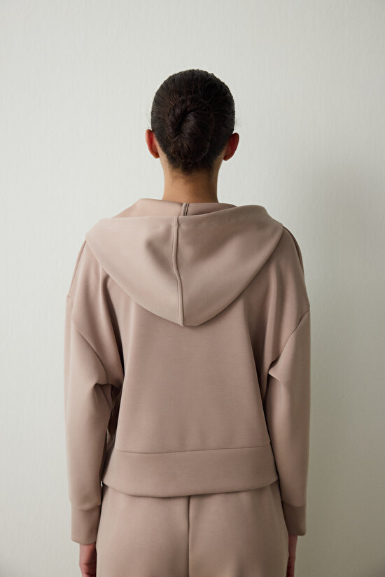 Bej Kapüşonlu Modal Crop Sweatshirt - 7