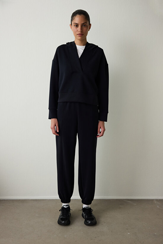 Siyah Kapüşonlu Modal Crop Sweatshirt - 4