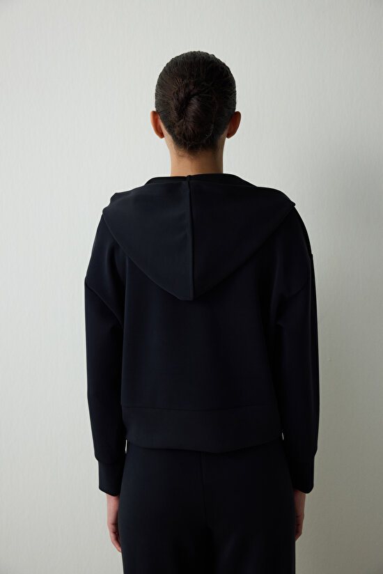 Siyah Kapüşonlu Modal Crop Sweatshirt - 6
