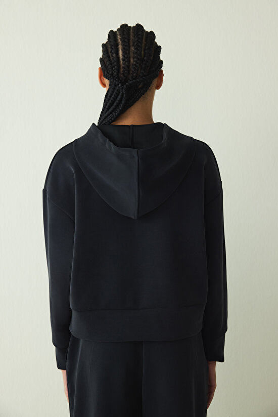 Siyah Kapüşonlu Modal Crop Sweatshirt - 7