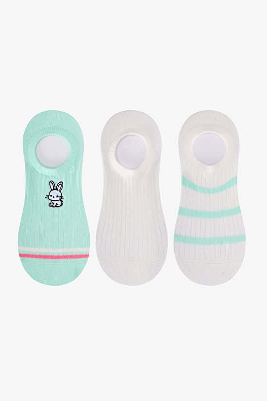3 Çift Burun Dikişsiz Pamuklu Renkli Tavşan Nakışlı Sneaker Çorap - 1
