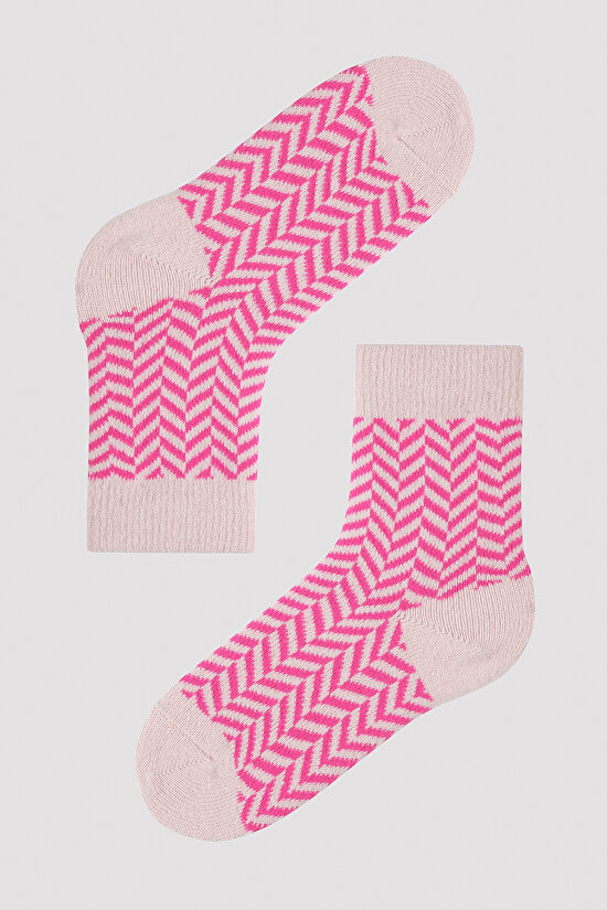 Kız Çocuk Pembe Zigzag Desenli Soket Çorap - 1