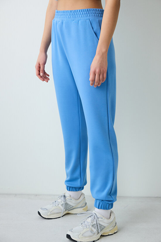 Mavi Yüksek Bel Lastikli Paça Cepli Silky Touch Eşofman Altı - 4