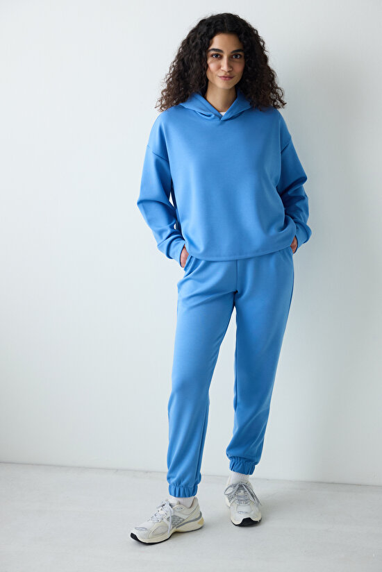 Mavi Yüksek Bel Lastikli Paça Cepli Silky Touch Eşofman Altı - 3