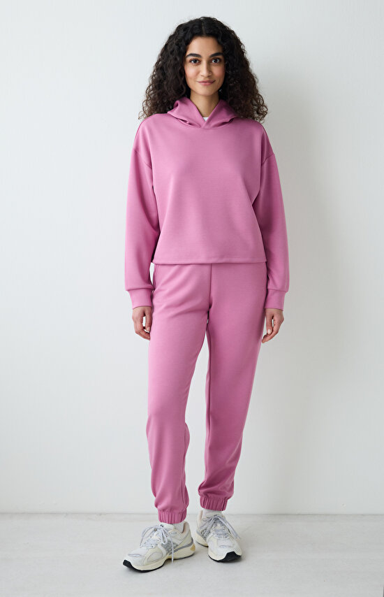 Pembe Yüksek Bel Lastikli Paça Cepli Silky Touch Eşofman Altı - 4