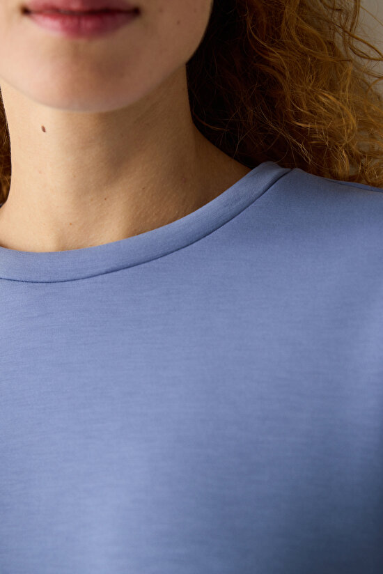 Koyu Mavi Bisiklet Yaka Loose Fit Modal Sweatshirt - 3