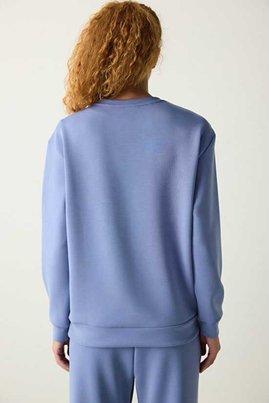 Koyu Mavi Bisiklet Yaka Loose Fit Modal Sweatshirt - 6