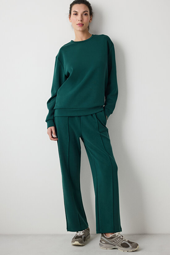 Koyu Yeşil Bisiklet Yaka Loose Fit Modal Sweatshirt - 3