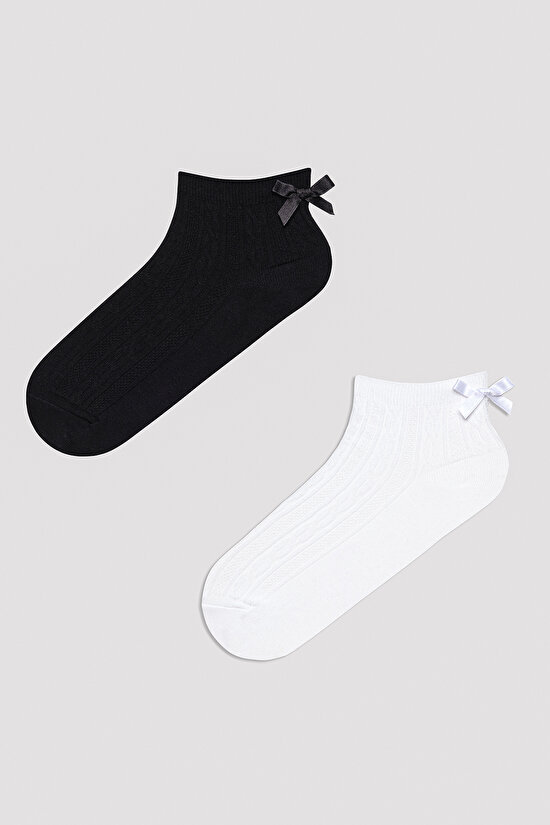 Bowtie Jacquard Beyaz-Siyah 2li Soket Çorap - 1