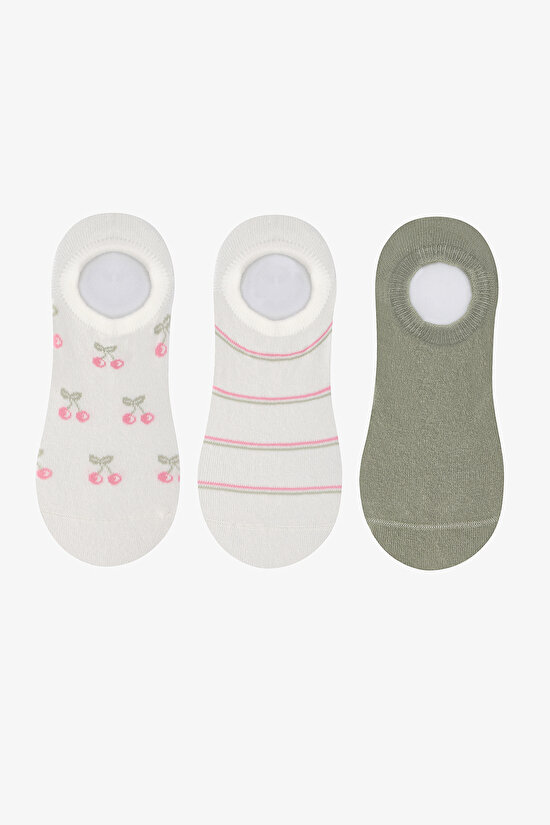 3 Çift Burun Dikişsiz Pamuklu Renkli Kiraz Desenli Sneaker Çorap - 1