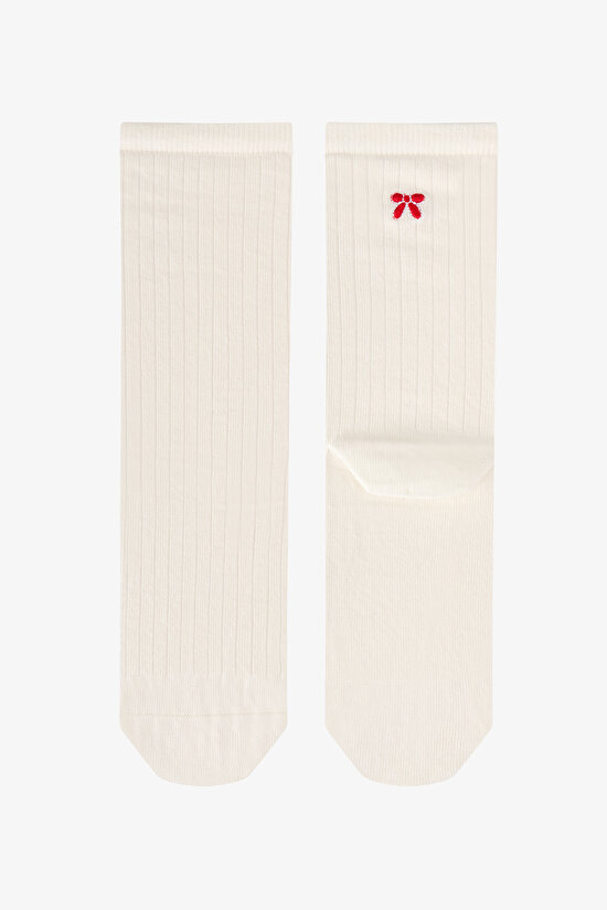 Black White Fluffy Ribbon Bear Cotton 2 Pack Ankle Socks - 2